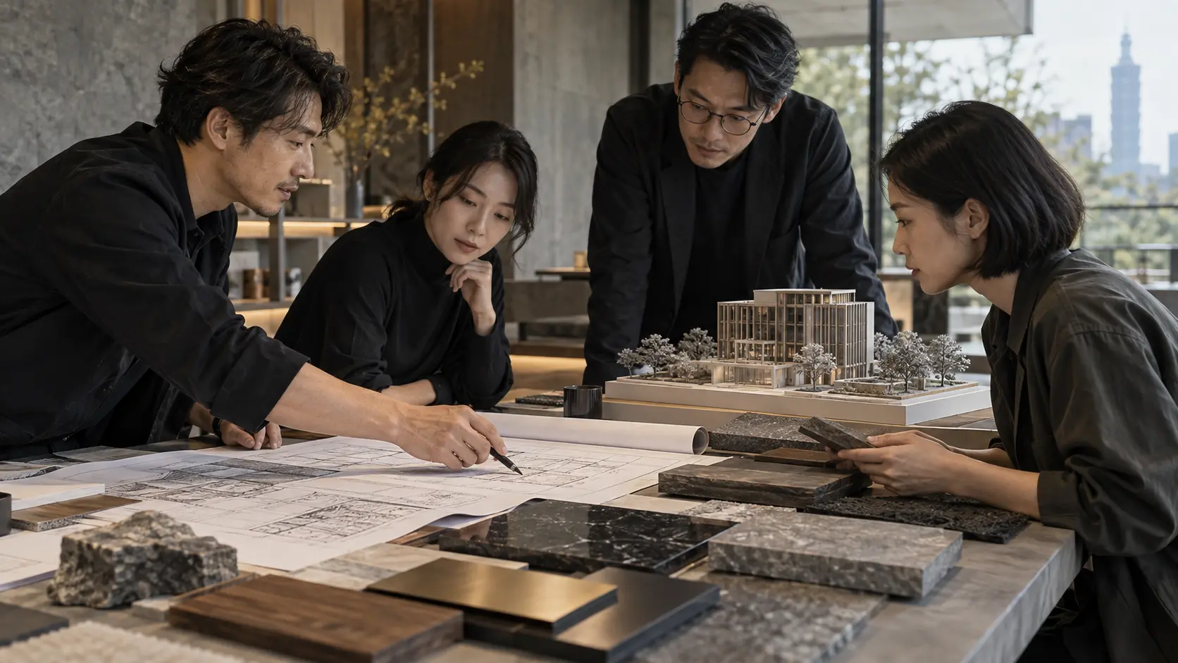 建築專業團隊檢視設計圖、模型與材料